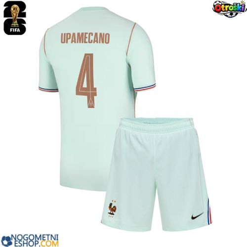 Otroški Nogometni dresi Francija Dayot Upamecano #4 Gostujoči SP 2026 Kratek Rokav (+ Kratke hlače)